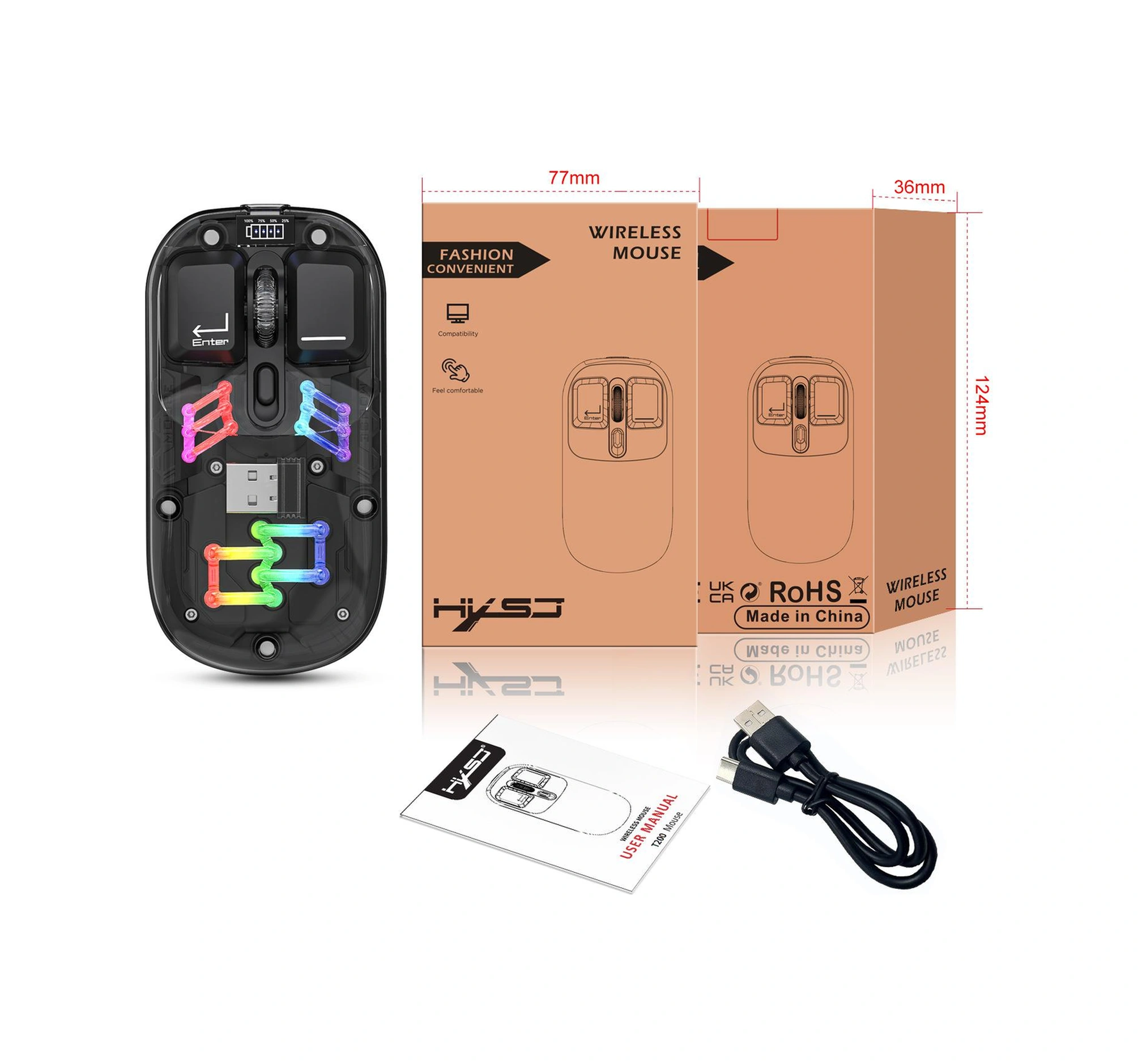 Sones Hxsj T200 Çift Modlu 2.4g Bt5.0 Şeffaf Rgb Kablosuz Fare Diğer