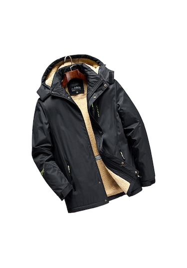 Sonbahar Ve Kış Peluş Kalın Sıcak Günlük Kapüşonlu Çok Cepli Erkek Ceketi Siyah