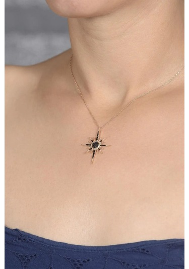 Kuzey Yıldızı Kutup Yıldızı Motifli Siyah Oniks Taşlı Gümüş Işıklı Kutuda Sevgiliye Eşe Kolye