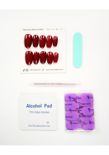 15'li Kırmızı Kısa Oval Kov1560 Tekrar Kullanılabilir El Yapımı Protez Takma Tırnak L