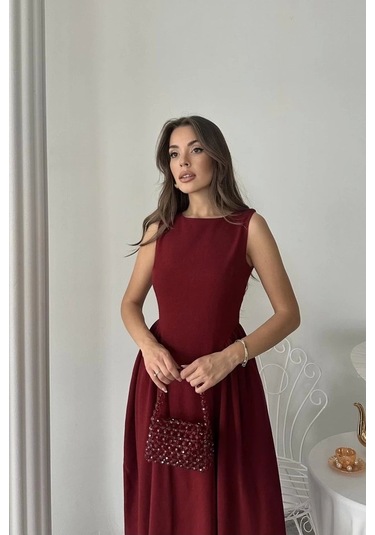 Bordo Yanları Büzgülü Midi Boy Keten Elbise Bordo