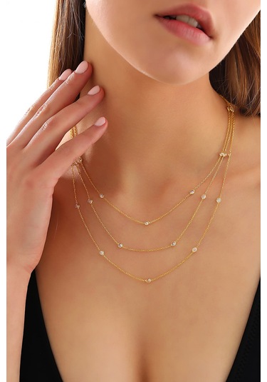 925 Ayar Gümüş Zirkon Taşlı 3 Lü Kolye. Kendinden Kombinli Altın