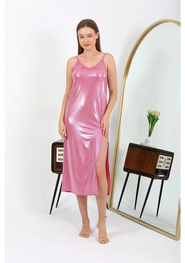 Giyim Kadın İp Askılı Uzun Parlak Micro Elbise Gecelik Pembe Pembe