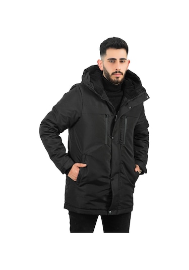 Montland Erkek Siyah Içi Polarlı Su Ve Rüzgar Geçirmez Kapüşonlu Kışlık Mont Siyah