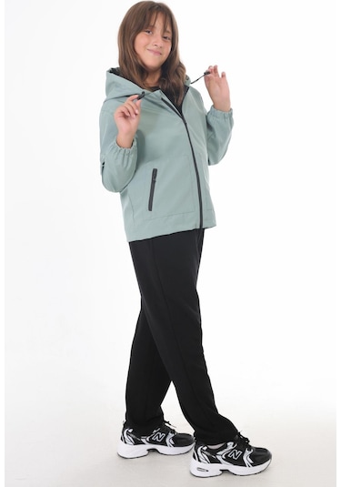 Spor Kız Çocuk İçi Astarlı Su Ve Rüzgar Geçirmez Kapüşonlu Çift Fermuarlı Cepli Yağmurluk Mint Yeşili
