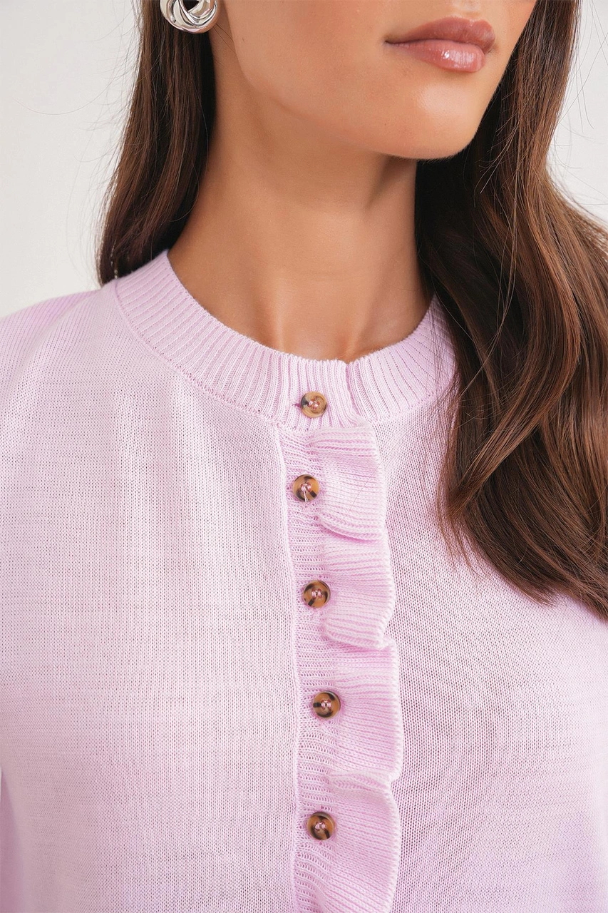 6964 Kadın Düz Fırfırlı Düğmeli Hırka Pembe Pembe