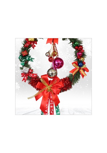 Yılbaşı Kapı Süsü, Ahşap Üzeri Garland Kapı Halkası - 33 Cm