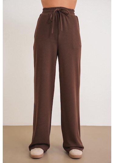 4757 Kadın Lastikli Bol Paça Örme Dökümlü Selanik Pantalon Kahve Kahve