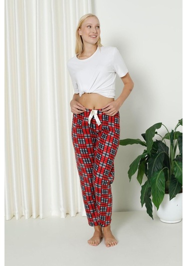 Luxury Soft Welsoft Polar Desenli Kurdeleli Kışlık Pijama Altı Pantolon Siyah Kırmızı Ekose Siyah - Kırmızı