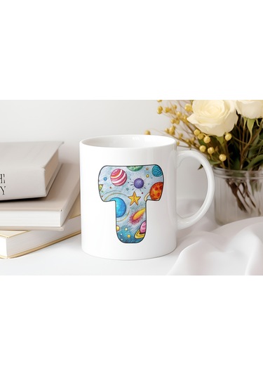T Baş Harf Gezegen Desenli Kupa Bardak - Kişiye Özel Evren Temalı Kahve Çay Kupası - Gökyüzü Beyaz