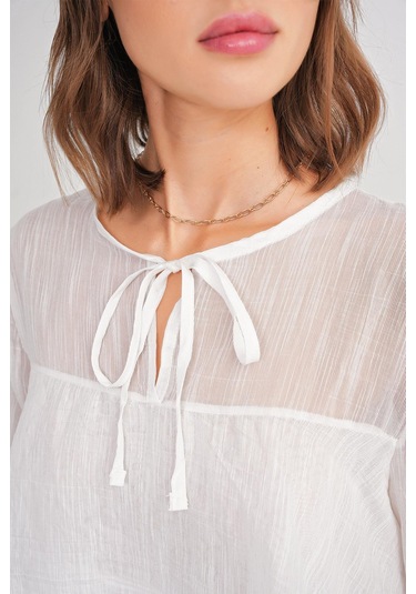 4735 Kadın Uzun Kollu Fırfırlı Bağlamalı Bluz Beyaz Beyaz