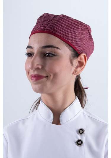 Chef Bone Kep Aşçı Şef Şapkası Kare Desenli Bordo Çok Renkli