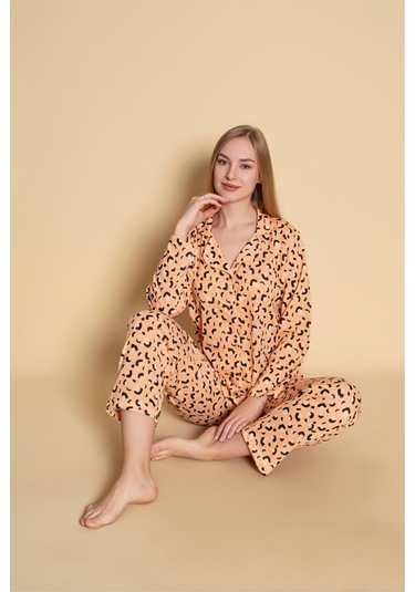Kadın Gömlek Leopar Desen Uzun Kol Pijama Takımı Turuncu