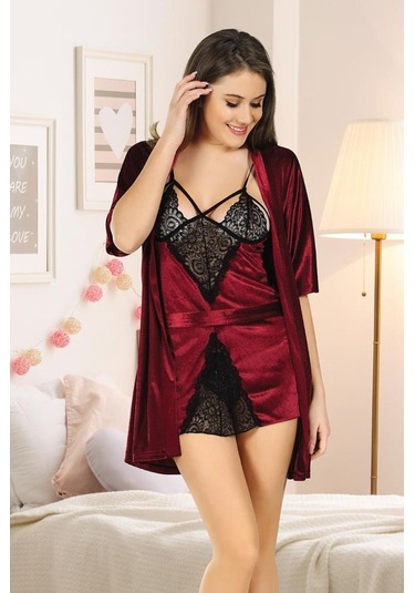 Sistina Bayan Bordo Kadife Dantelli Sabahlık Gecelik Takım 1392 Bordo
