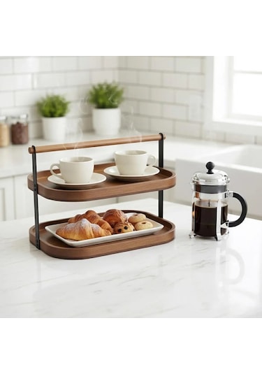 Qerhome 2 Katlı Akasya Stand / Sunumluk / Çok Amaçlı Organizer Doğal Ahşap İki Katlı Servis Ahşap