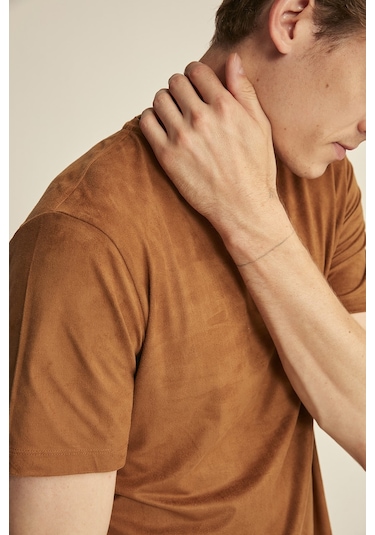 Grimelange ENZO Kahverengi Suet Erkek Basic Slim Fit T-shirt