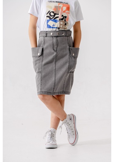 Kız Çocuk Yan Cepli Kot Etek 2954 Gri