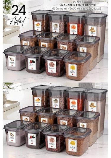 KitchenLife 24'lü Etiketli Moly Dikdörtgen Erzak Saklama Kabı Seti X8 1300ml-2000ml-3200ml Geniş - Sert Kapaklı Çok Renkli