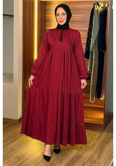 Bestenur Yarım Düğmeli Elbise 1689 - Bordo Bordo