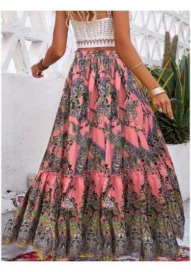 Sarı Paisley Desenli Büzgülü Etekler, Boho Pileli Yazlık Maxi Etekler, Kadın Giyim Sarı