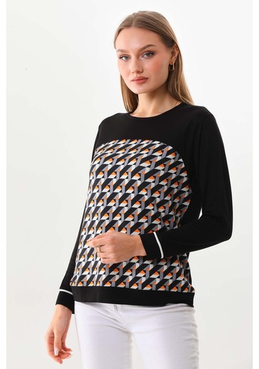 Sistas Kadın Desenli Uzun Kol Bluz 23618 Siyah