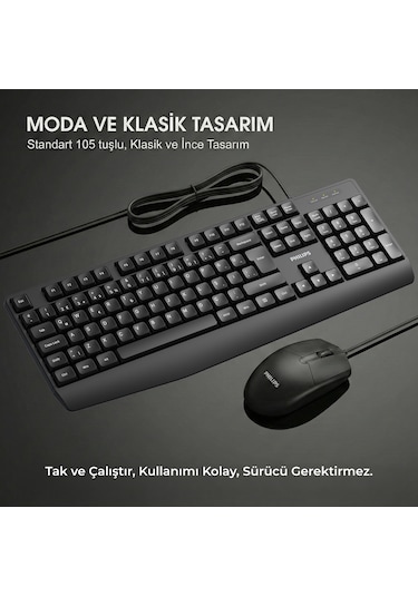 Philips SPT6237 Kablolu Türkçe Q Klavye ve Mouse Seti Siyah