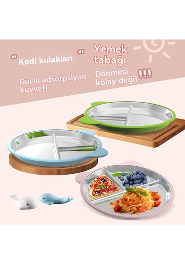 Jianfan Çıkarılabiler Vakumlu Mama Tabağı 304 Çelik Bölmeli Silikon Çocuk Tabağı Hafif Toz Pembe