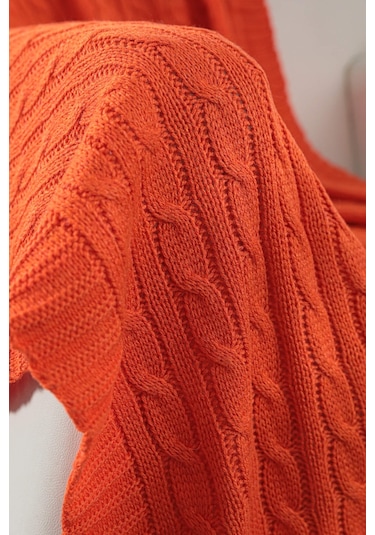 Biocotton Triko Ponponlu Örgü Tv Battaniyesi - Turuncu