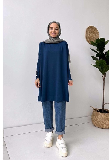 Kol Detay Merserize Tunik - Petrol Petrol Mavi