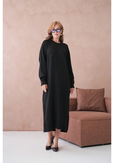 Kadın Bisiklet Yaka Yumuşak Dokulu Maksi Boy Şardonlu Oversize Triko Elbise 8324sw Siyah