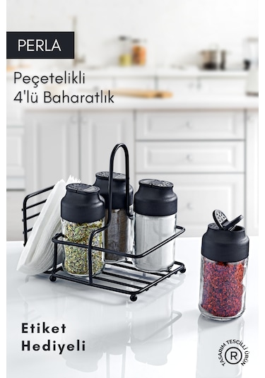Perla Metal Standlı Peçetelikli 4'lü Çift Kapaklı Cam Baharatlık