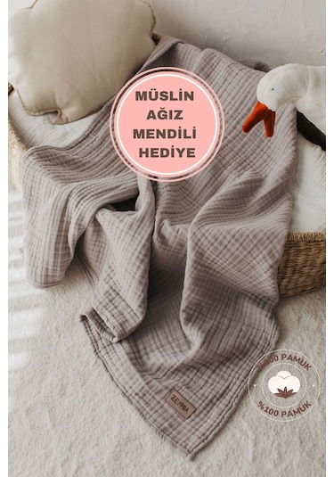 Kenar Dikişli Gri Müslin Müslin Battaniye 4katlı Müslin Bebek & Çocuk Müslin Örtü %100 Pamuk
