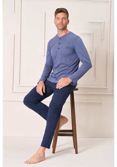 Erkek Pamuk Uzun Kol Pijama Takımı 4103 İndigo İndigo