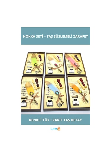 Renkli Tüy Ve Taş Detaylı Divit Hokka Seti Çok Renkli