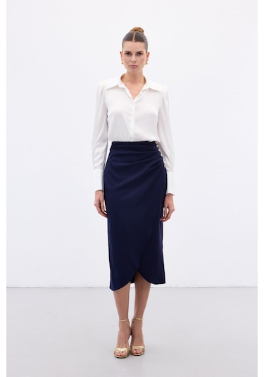 Sateen Düğme Detaylı Kalem Etek - Lacivert-136779 Lacivert