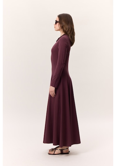 Kuplu Uzun Kollu Elbise Bordo Bordo