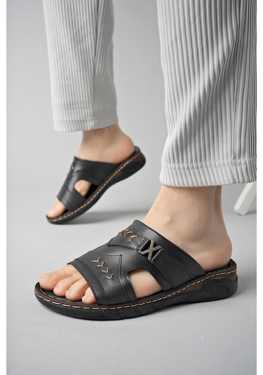 Muggo Ryan Garantili Ortopedik Rahat Taban Deri Görünümlü Erkek Terlik 001