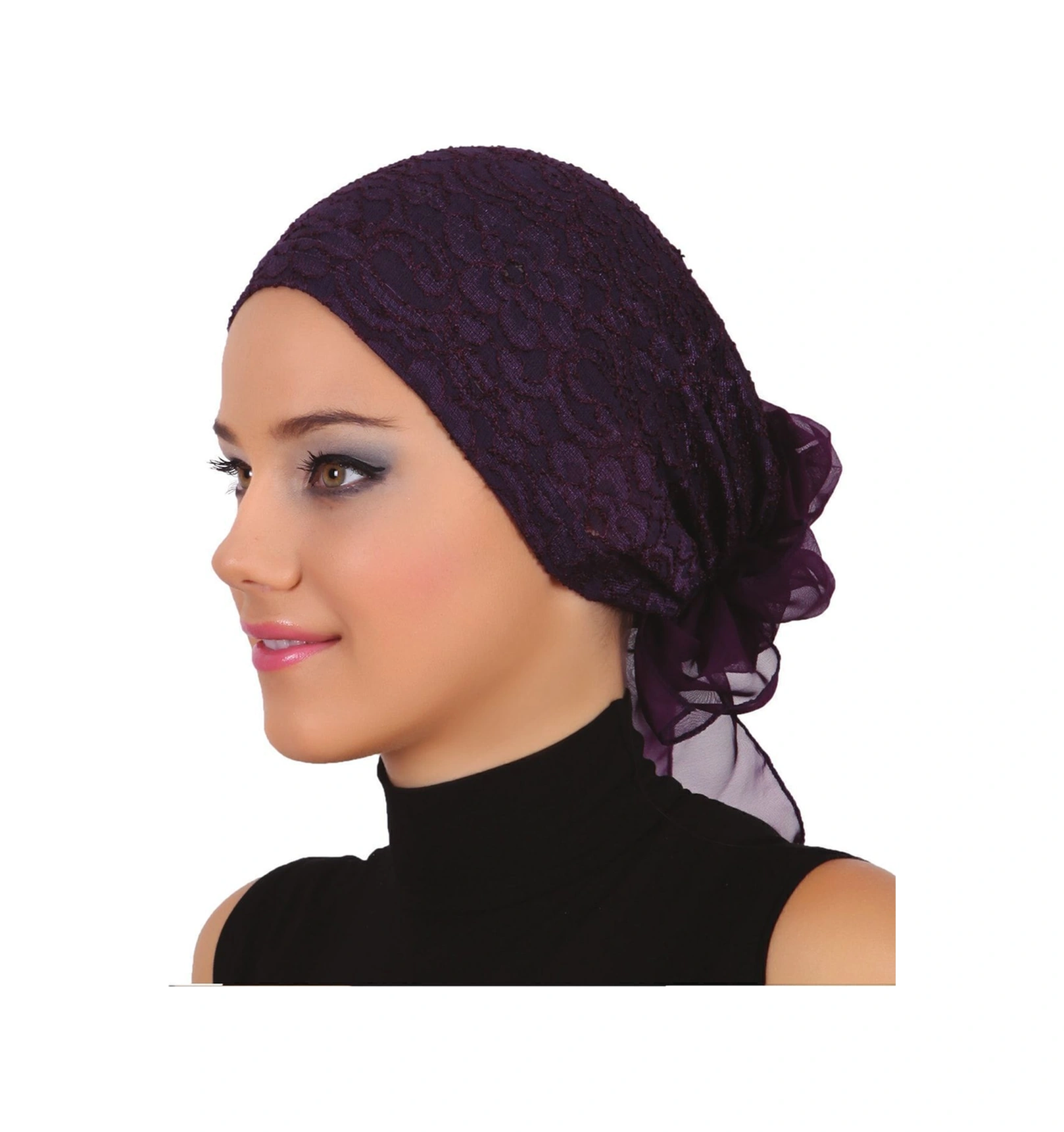 Dantel Tüllü Mor Hazır Türban Tesettür Bone Mor