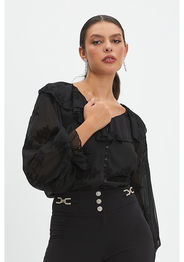 Kadın Fırfırlı Çiçek Desenli Gömlek - Volanlı Kol Ve V Yaka Detaylı Siyah