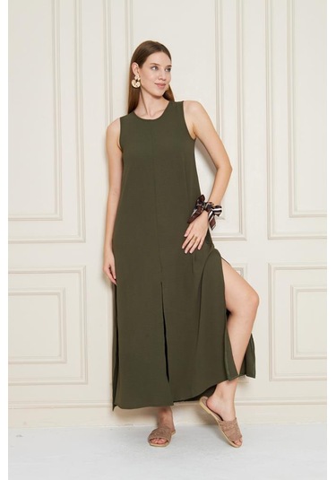 Kadın Sıfır Kol Aerobin Kumaş A Kesim Yırtmaçlı Maxi Yazlık Elbise 3760330 Haki