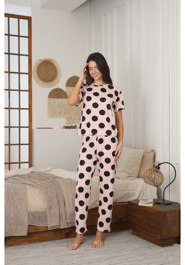 Kadın Yazlık Kısa Kol Penye Süprem Kumaş Pijama Takımı Pembe Puanlı