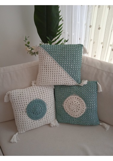 El Örgüsü 3 Adet Kırlent Yastık Kılıfı Koton Pamuk Ip 38 40cm