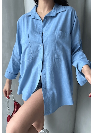 Paw Garage Kadın Harper Çift Cepli Oversize Keten Gömlek, 2025 Summer Collection Mavi