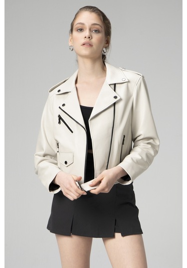 Dericlub Wm021 Gerçek Deri Biker Kadın Deri Mont Bej Null Bej