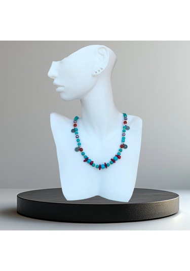 El Yapımı Turkuaz Taşlı Kolye-49 Cm Mavi