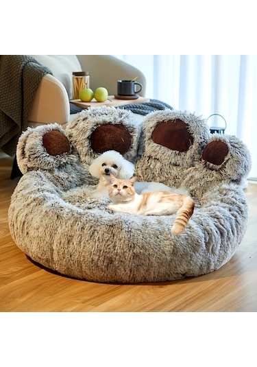 Gateesat Gri M 25.59inch Uzun Tüylü Yumuşak Sıcak Kedi Köpek Yatağı Kışlık Hediye