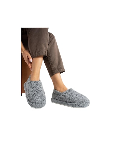 Kadın Lastikli Kaymaz Taban Peluş Havlu Kumaş Ev Ayakkabısı Panduf Gri-gri Gri