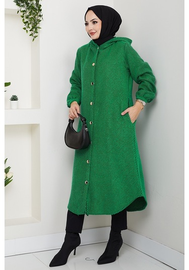 Çizgi Detay Kapüşonlu Kaşe Kap 1634 - Yeşil Yeşil