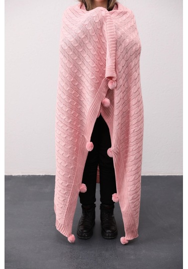 Biocotton Triko Ponponlu Örgü Tv Battaniyesi - Pudra