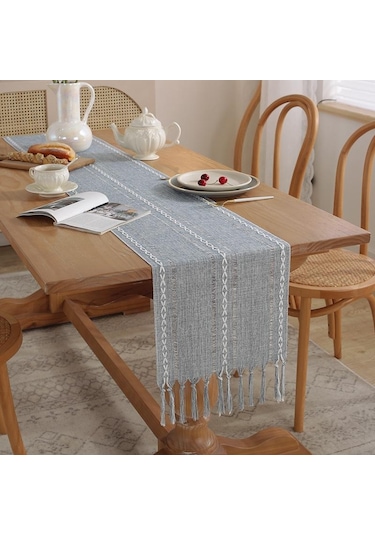 Gri Rustik Masa Koşucular, El Yapımı Püsküllü, Vintage Dokuma Pamuk Keten Masa Koşucu Uzun Parti Yemek Masası Dekorasyonu İçin 33 220